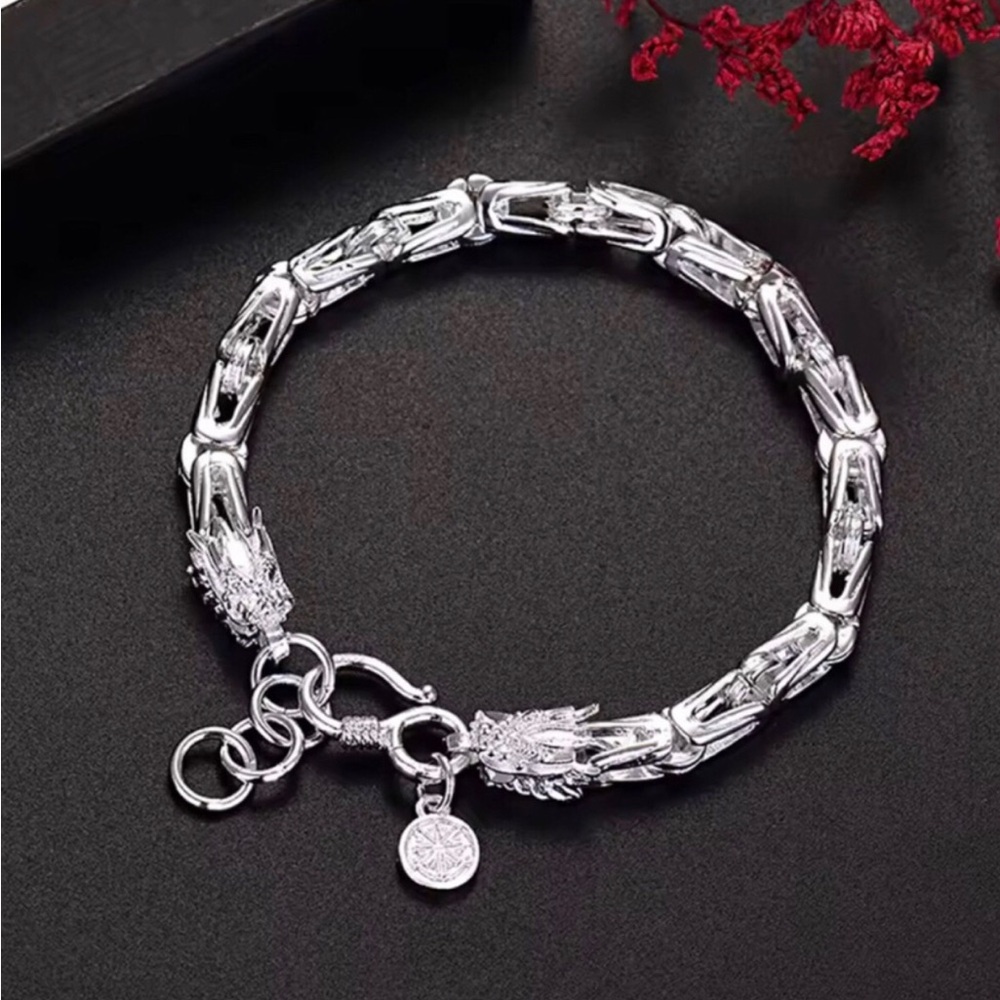 Sterling Silver Dragon Head Link Bracelet - Silver